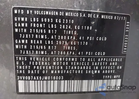 2018 Volkswagen Tiguan 2.0T S z USA, uszkodzony, nr VIN 3VV0B7AX9JM016003